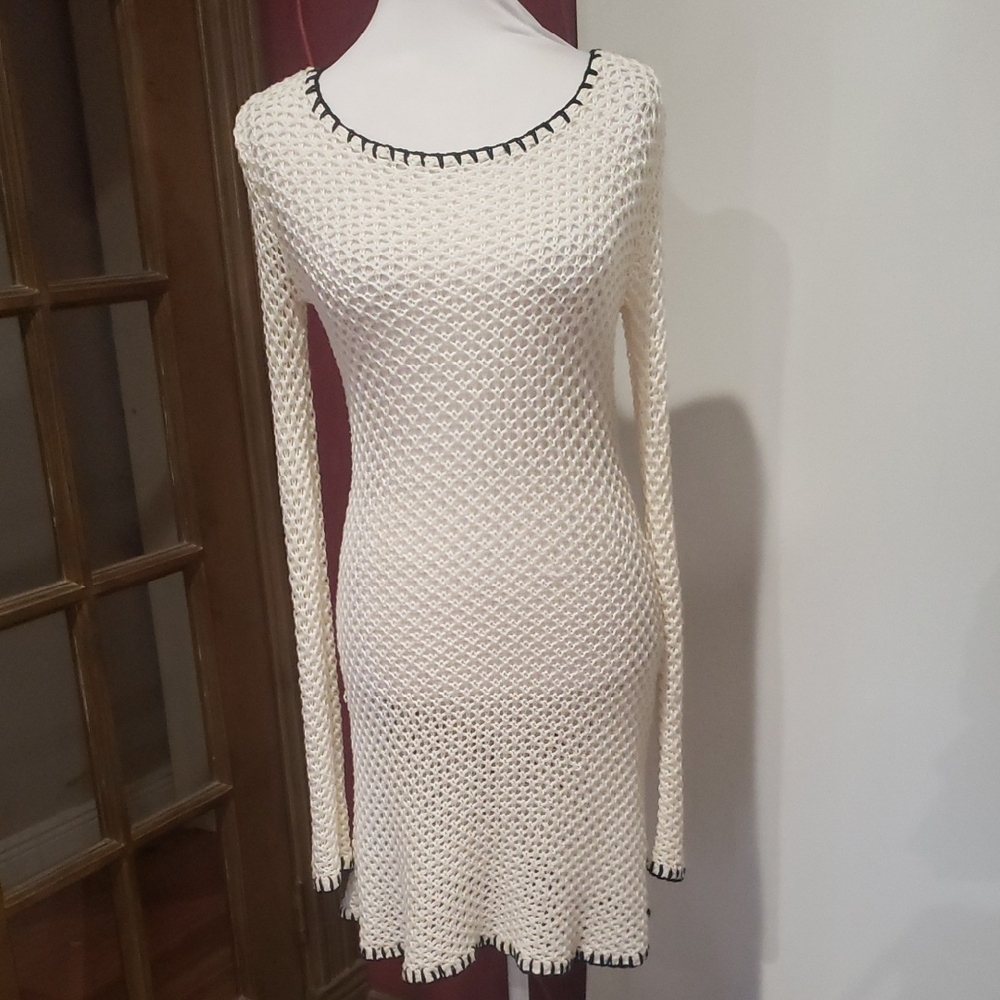 NBD Cream Open Knit Long Sleeve Mini Dress Cover Up S NWOT